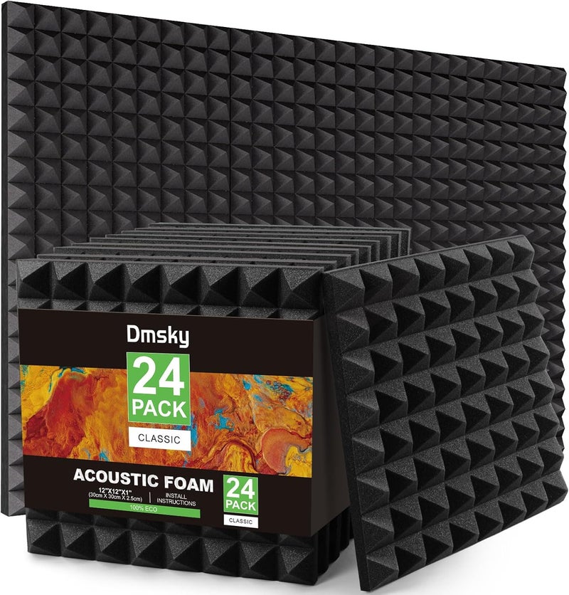 Dmsky 24 Pack Sound Proof Foam Panels Studio Acoustic Foam Panels,1" X 12" X 12"Soundproof Wall Panels,Fire-Proofed Pyramid Soundproofing Wedges,Acoustic Treatment Foam for Home -Black - Image 1